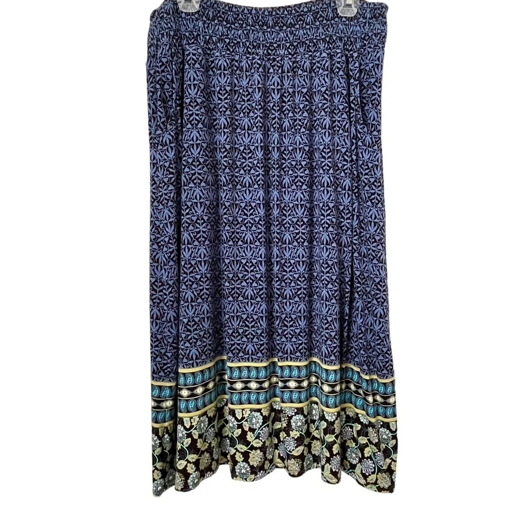 J. Jill Petite Boho Smocked Waist Maxi Skirt Blue Print Size L Petite